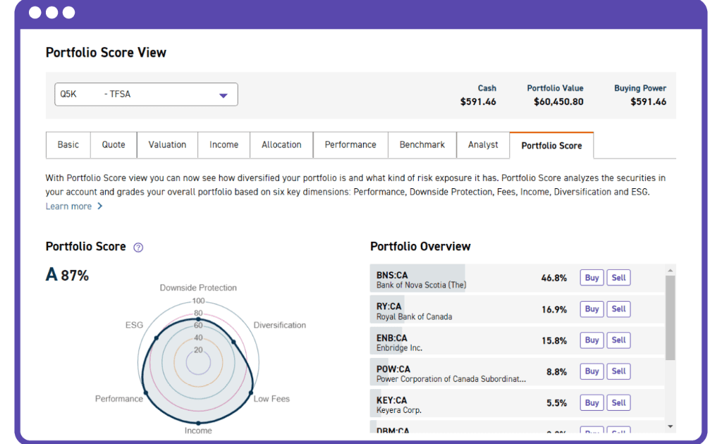 Qtrade portfolio score tool example
